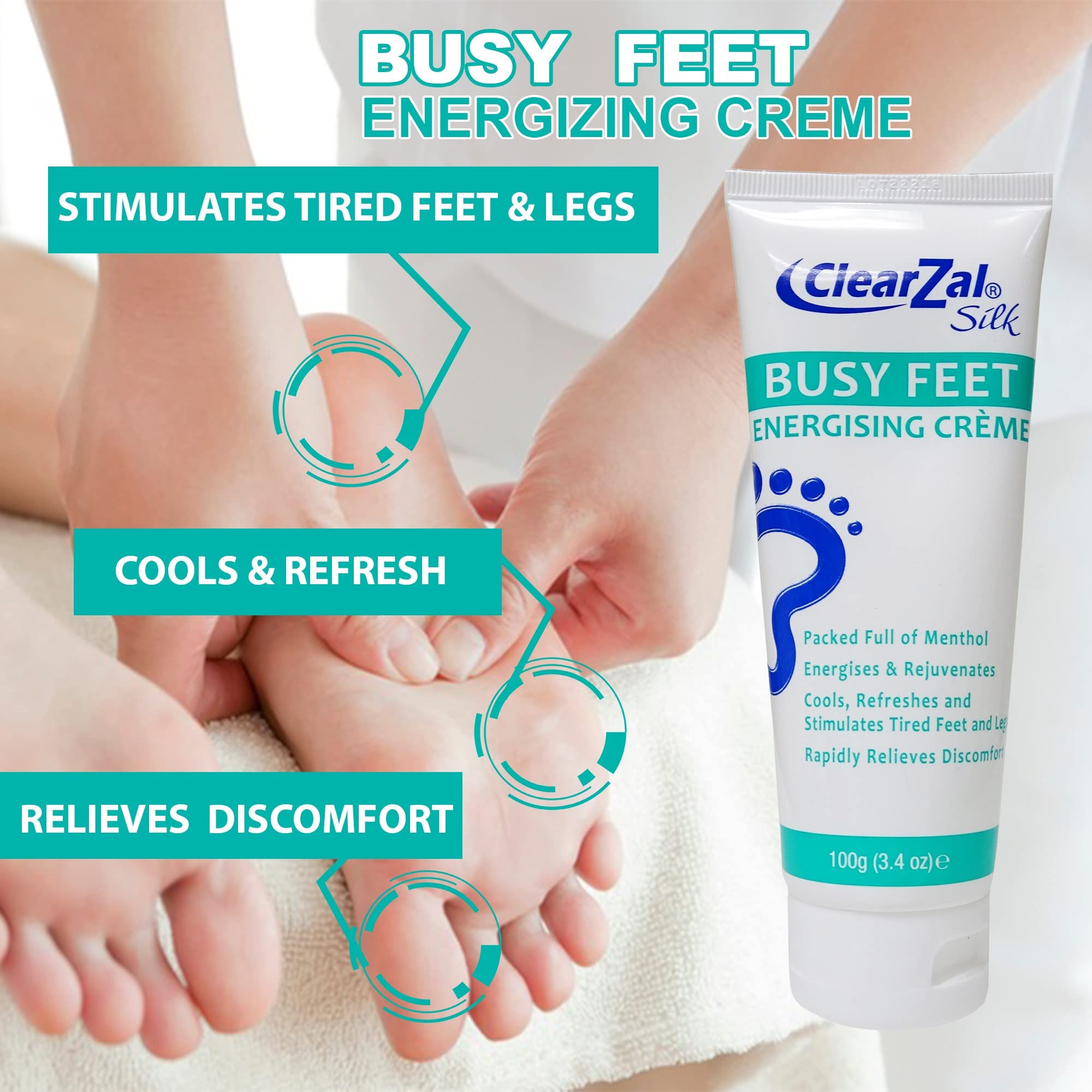 Clearzal Busy Feet menthol sensation closeup showing cooling tingle.