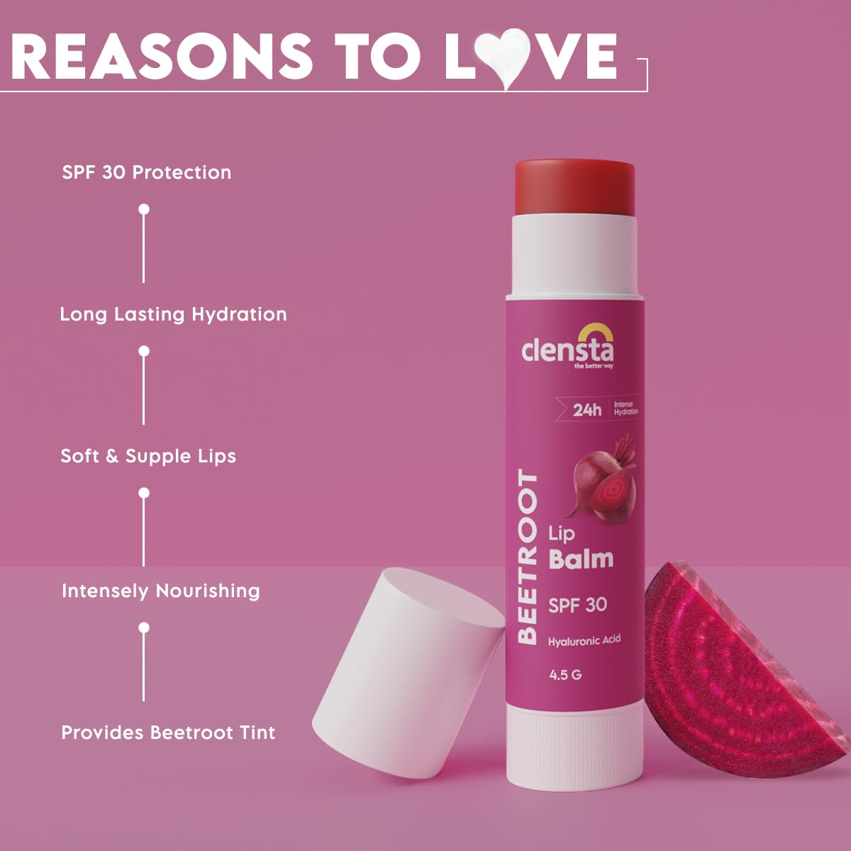 Clensta Beetroot Lip Balm applied on lips for hydrating daily use.