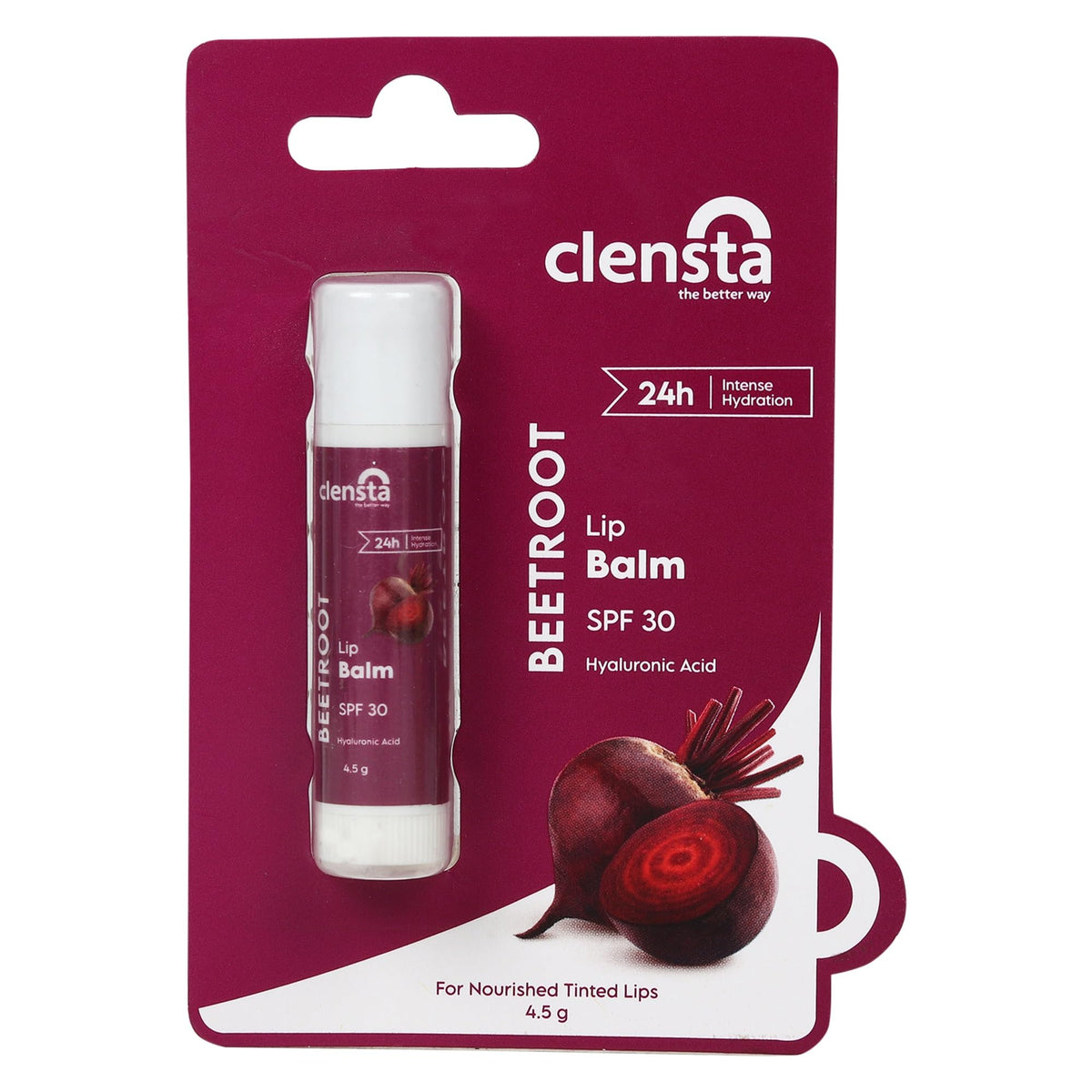 Clensta Beetroot Lip Balm packaging front, ready for daily lip care.