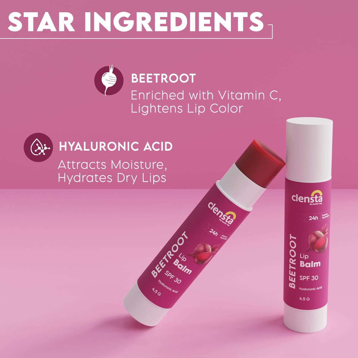 Clensta Beetroot Lip Balm tube close-up, glossy finish for smooth lips.