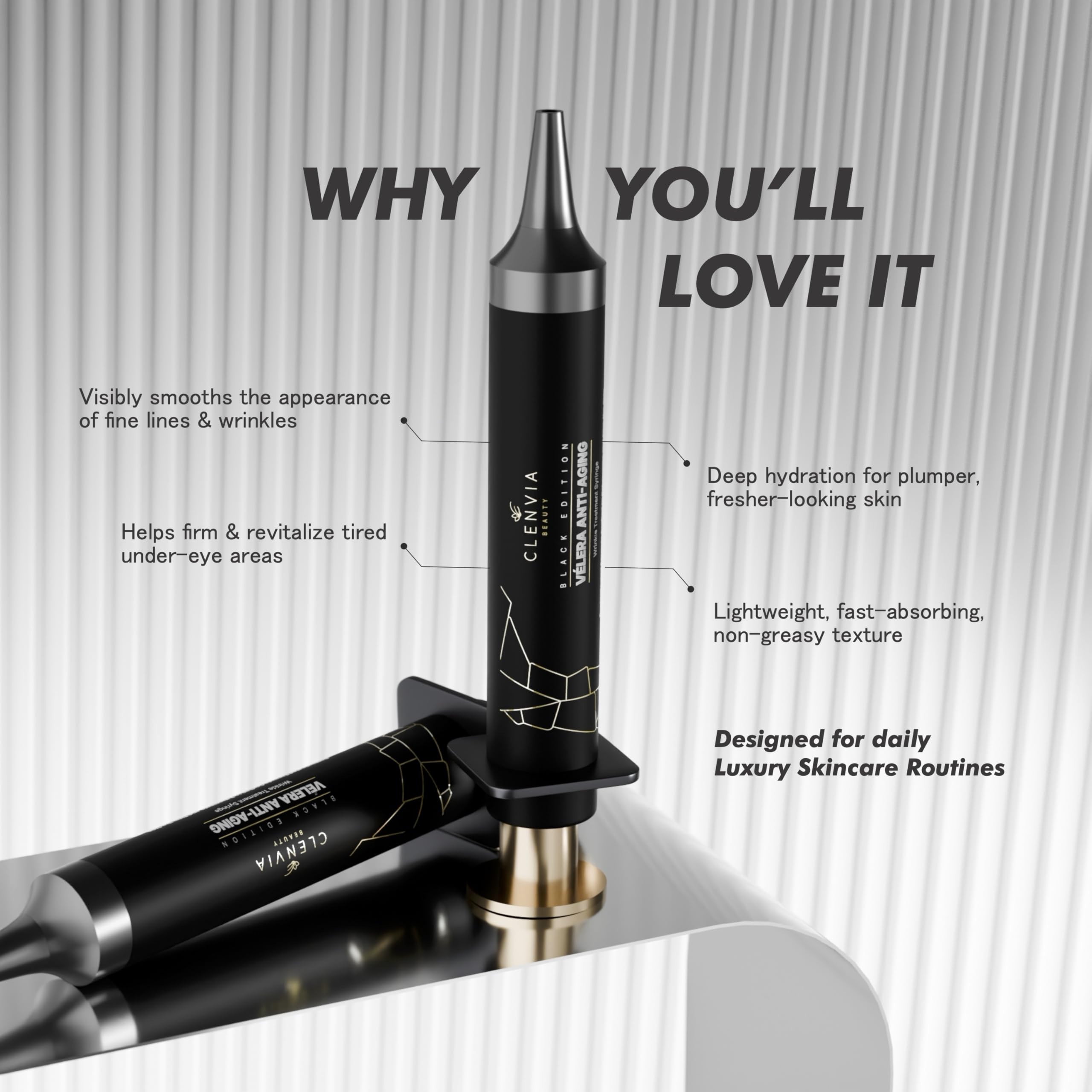 Clenvia Vélera precision applicator enables hygienic, targeted treatment around eyes and smile lines