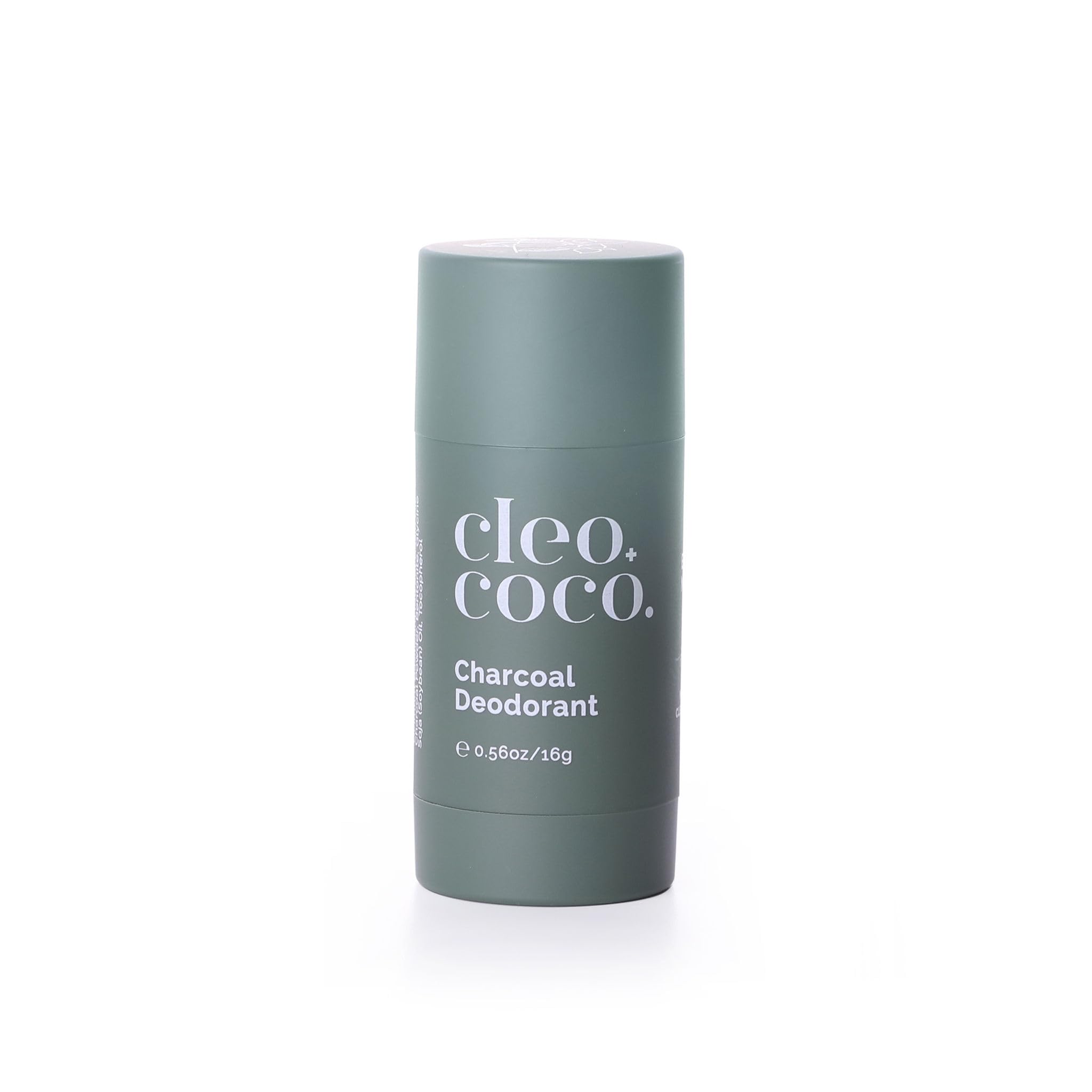 Cleo+Coco mini natural deodorant charcoal bottle shows aluminum-free formula for all-day odor protection.