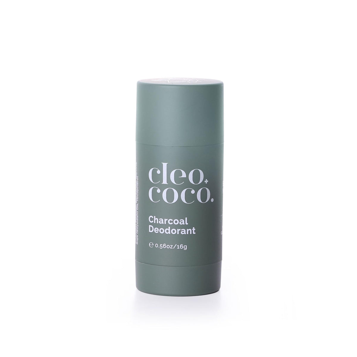 Cleo+Coco mini natural deodorant charcoal bottle shows aluminum-free formula for all-day odor protection.