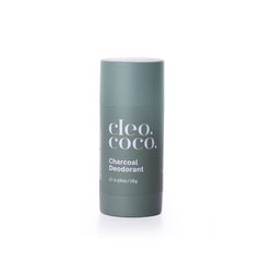 Cleo+Coco mini natural deodorant charcoal bottle shows aluminum-free formula for all-day odor protection.