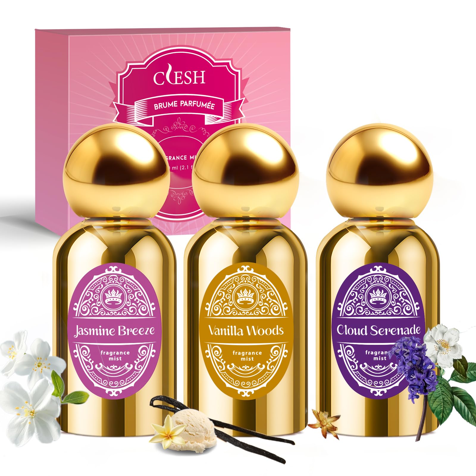 CLESH Vanilla Woods bottle for everyday freshness in a luxe gold design.
