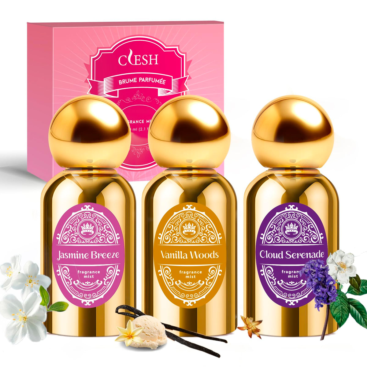 CLESH Vanilla Woods bottle for everyday freshness in a luxe gold design.