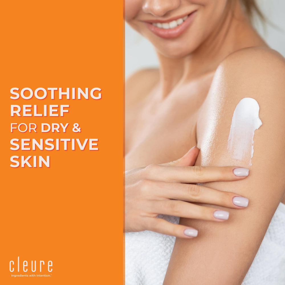 Fragrance-free texture close-up shows non-greasy finish of Cleure lotion.