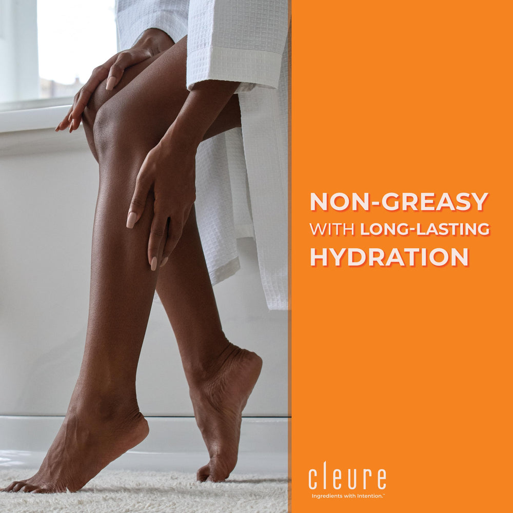 Cleure body lotion sensitive skin being applied to hand for smooth hydration.