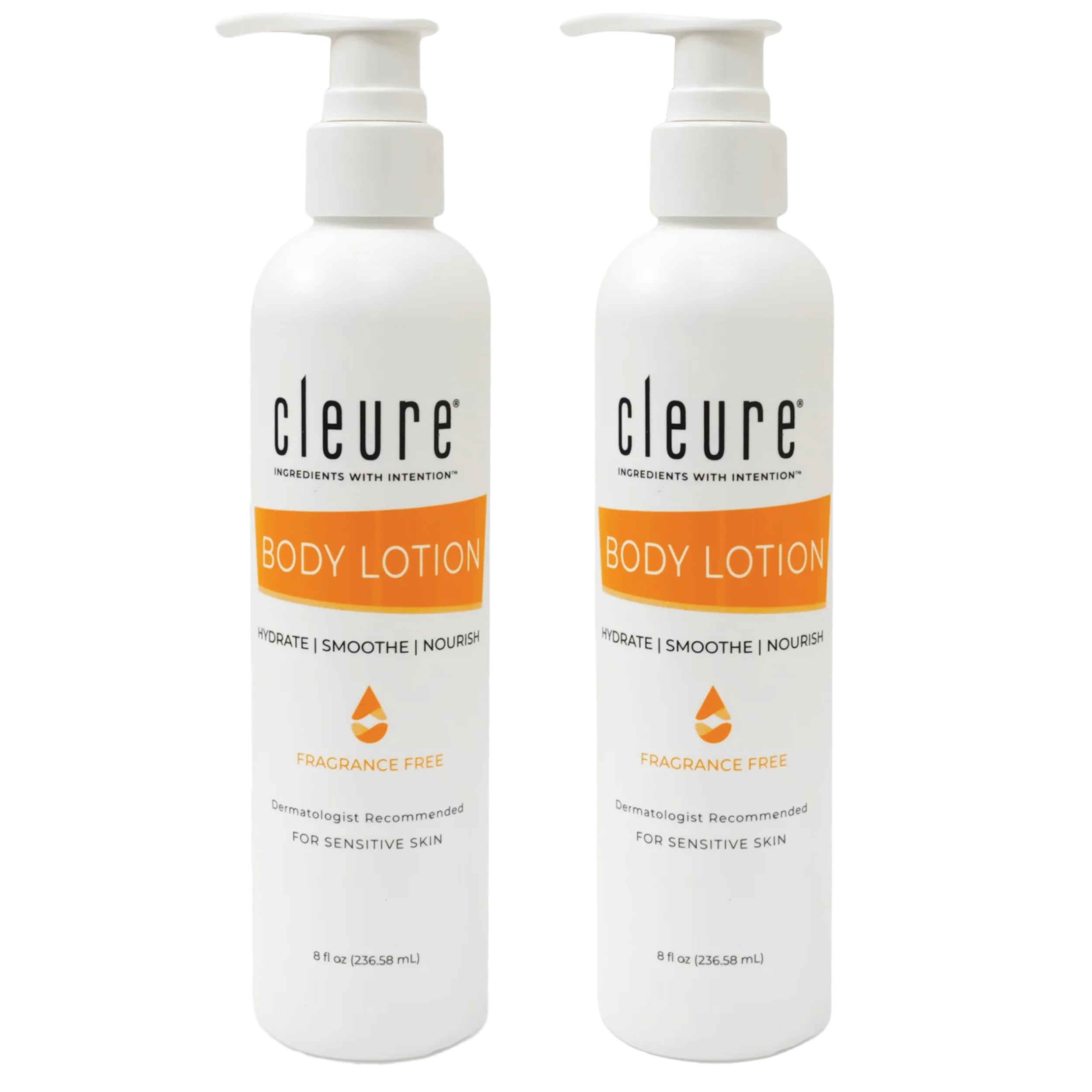 Cleure body lotion sensitive skin bottle with pump for easy daily moisturizing.