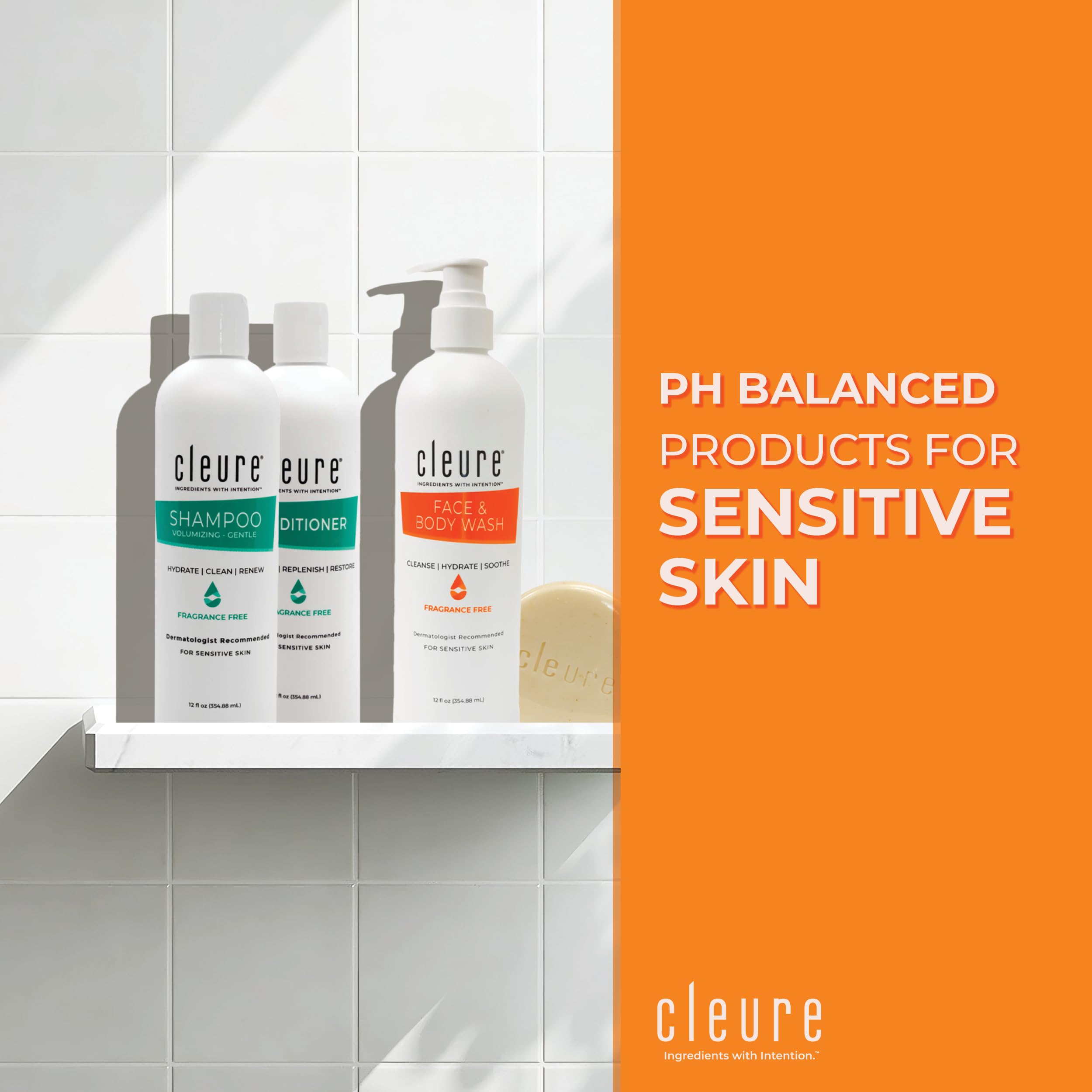 Cleure fragrance-free conditioner bottle providing deep hydration for soft hair.