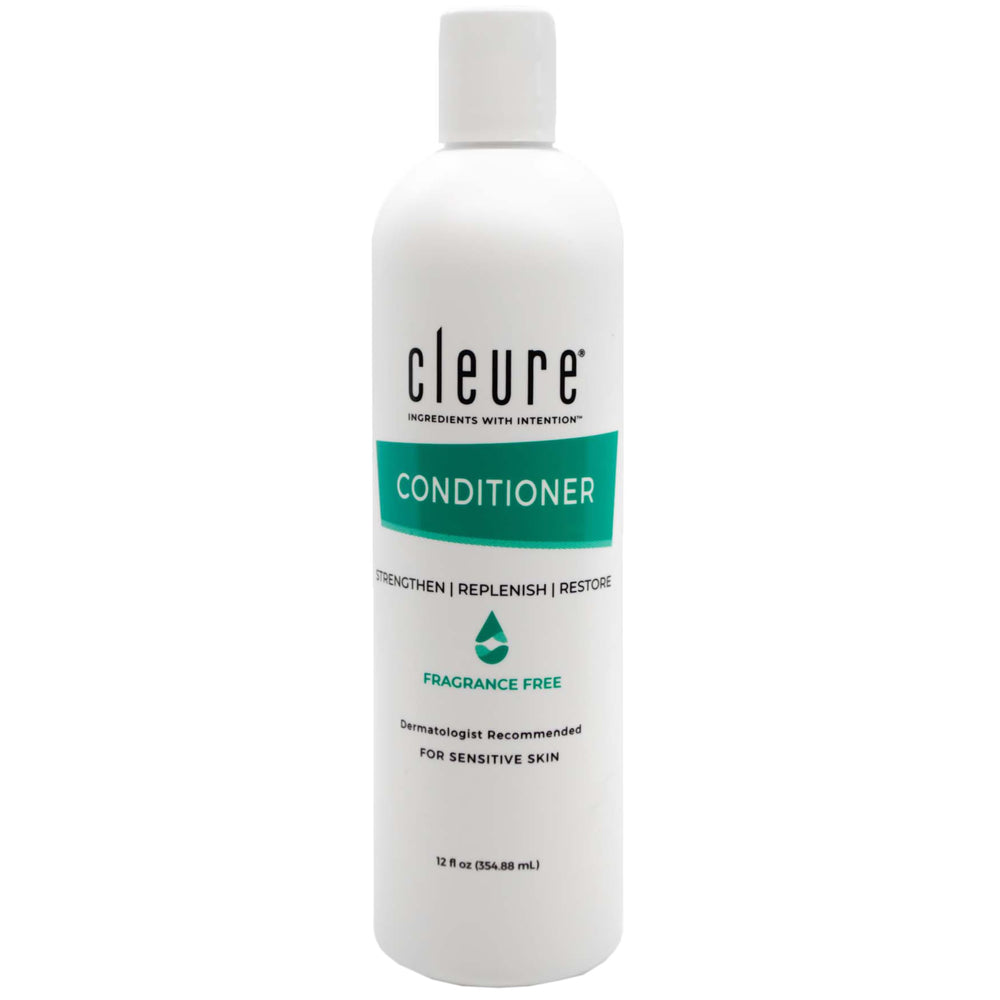 Cleure Hydrating Fragrance-Free Conditioner bottle provides gentle moisture for sensitive hair.