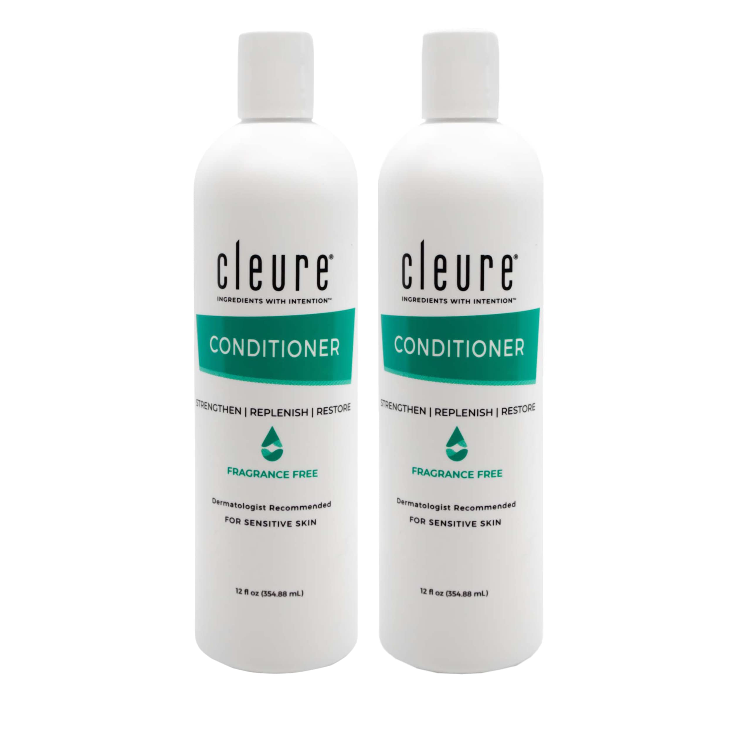 Cleure hydrating fragrance-free conditioner bottle with hypoallergenic formula for sensitive scalps and dry hair.