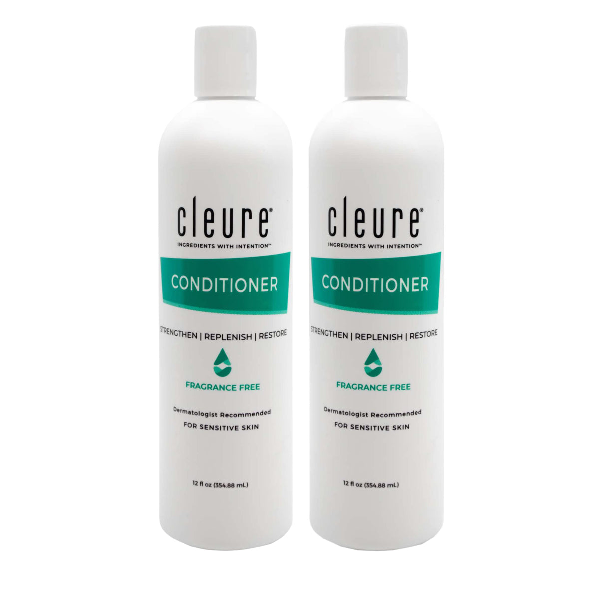 Cleure hydrating fragrance-free conditioner bottle with hypoallergenic formula for sensitive scalps and dry hair.
