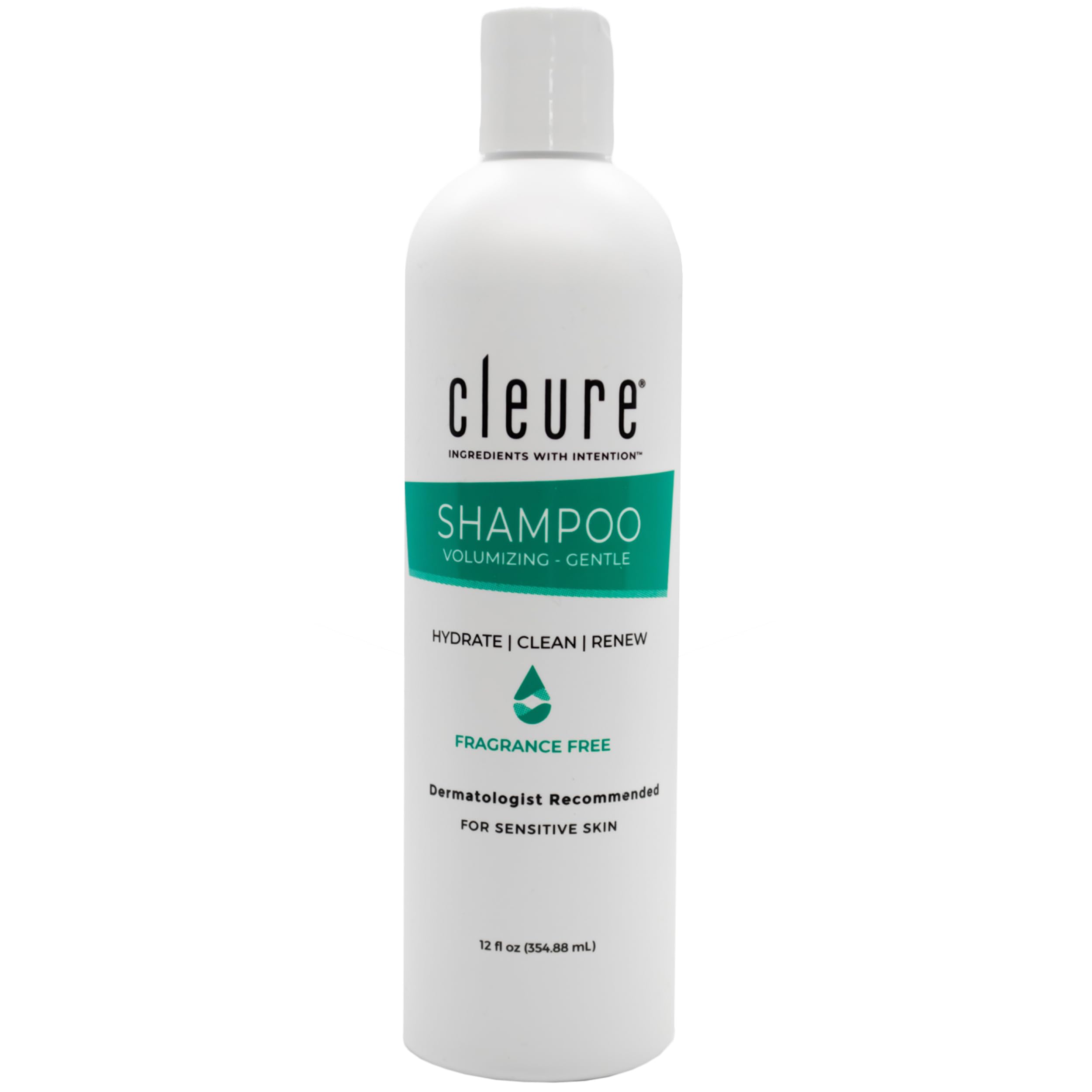 Cleure hypoallergenic volumizing shampoo bottle front, fragrance-free formula for sensitive skin.