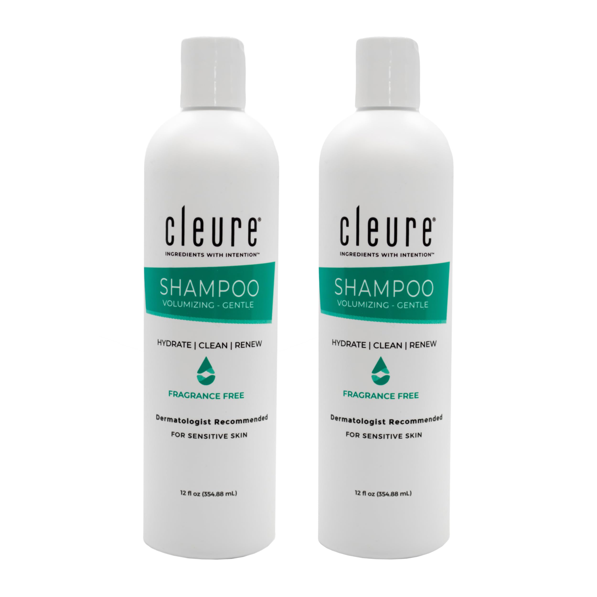 Cleure hypoallergenic shampoo bottle label highlights fragrance-free, gentle formula for sensitive skin.