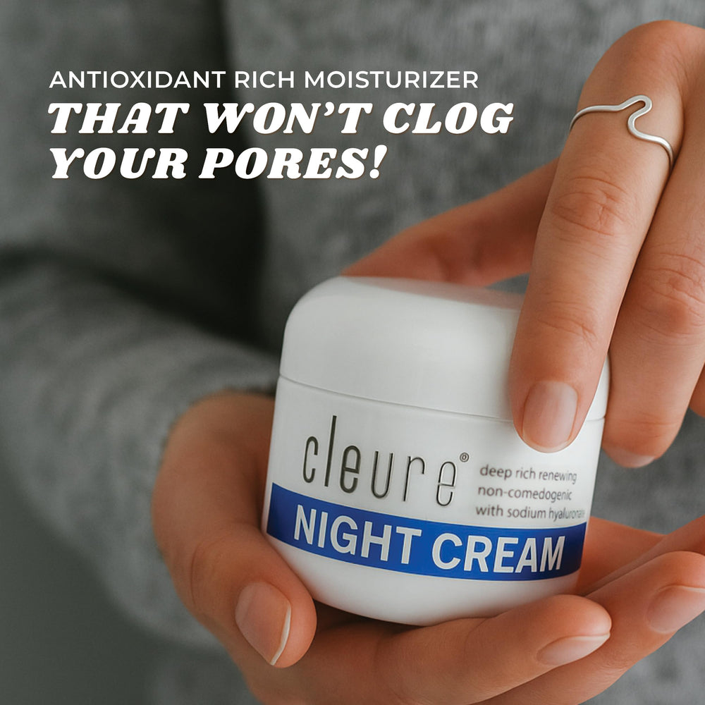 Cleure Night Cream hand-application demonstrates easy nighttime layering.