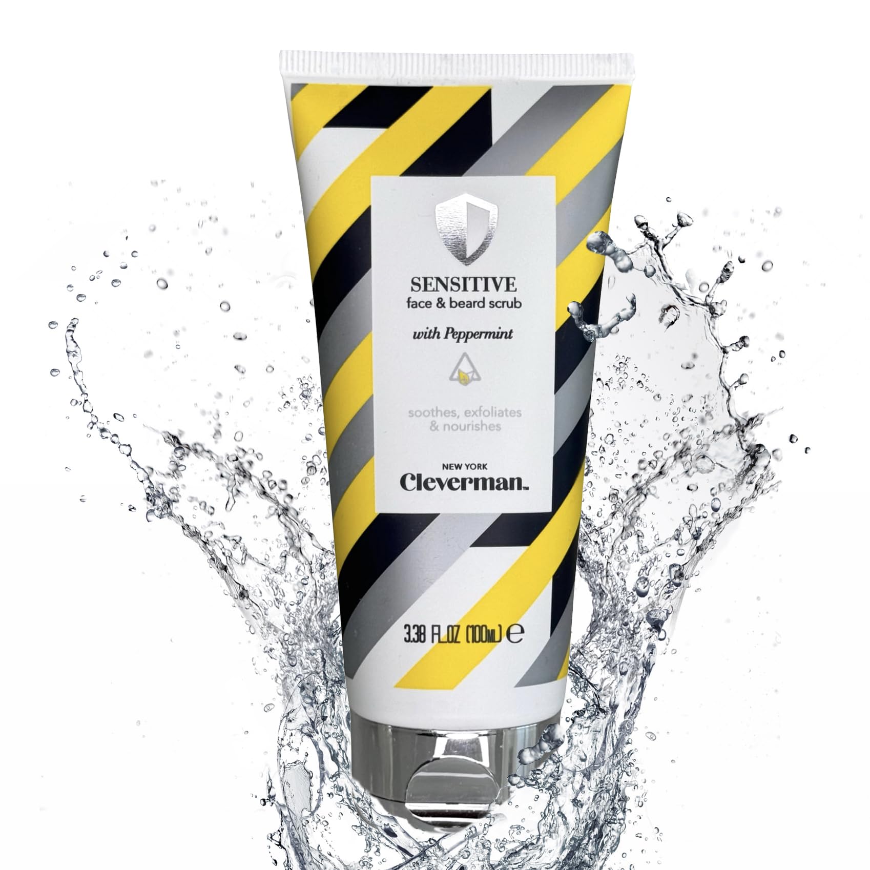 Cleverman Sensitive Face and Beard Scrub pack shot highlighting peppermint calming cleansing
