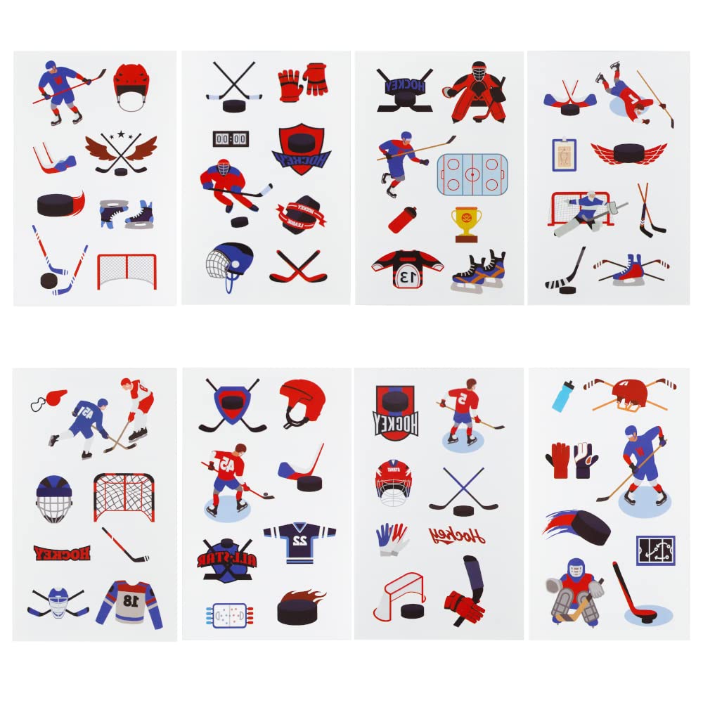 Cleverplay 24 sheets of hockey tattoos, easy water-application for quick party prizes.