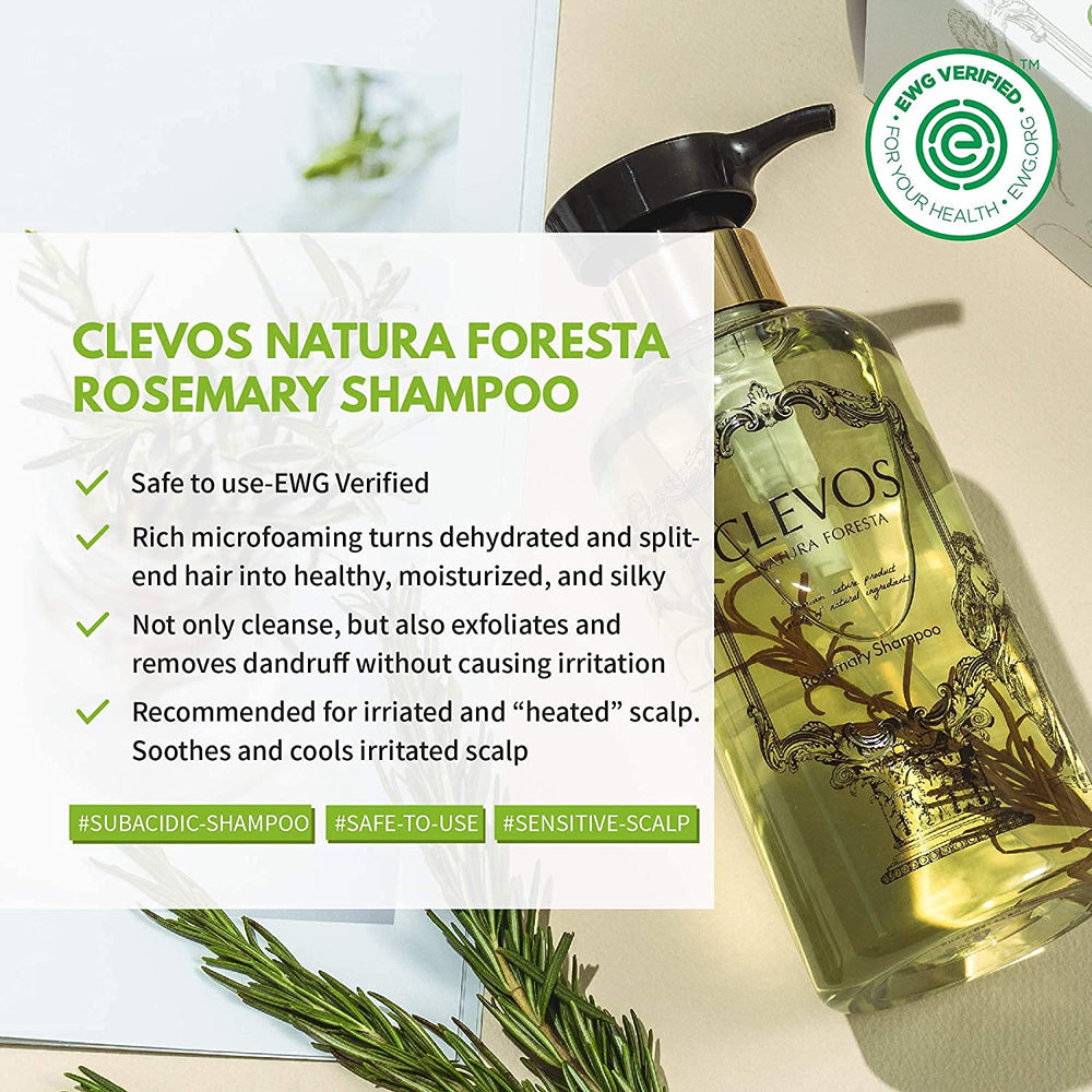 Clevos Natura Foresta Rosemary Shampoo label highlighting organic hypoallergenic care