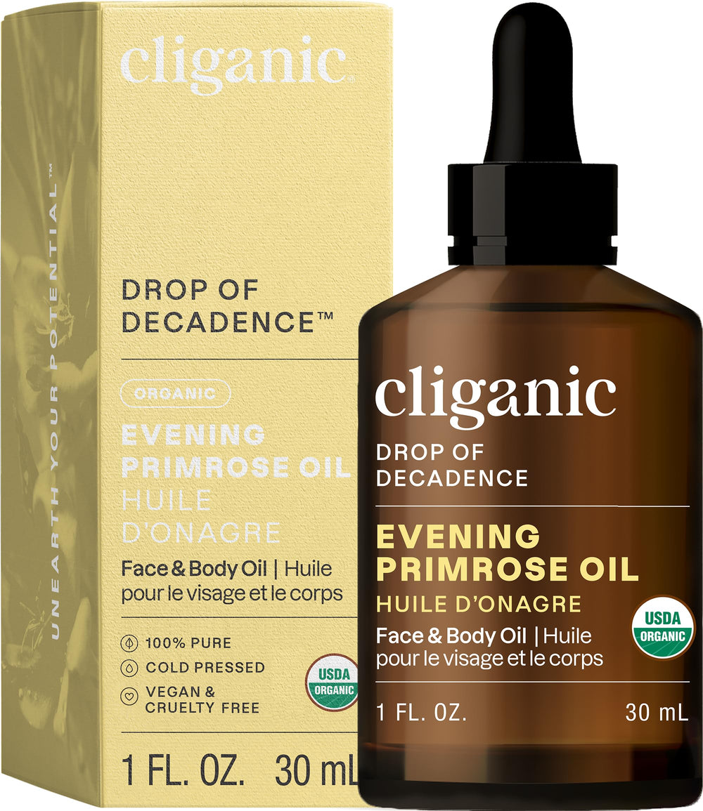 Cliganic Evening Primrose Oil bottle side view highlights premium organic skincare oil.