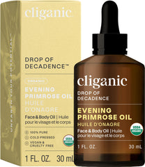 Cliganic Evening Primrose Oil bottle side view highlights premium organic skincare oil.