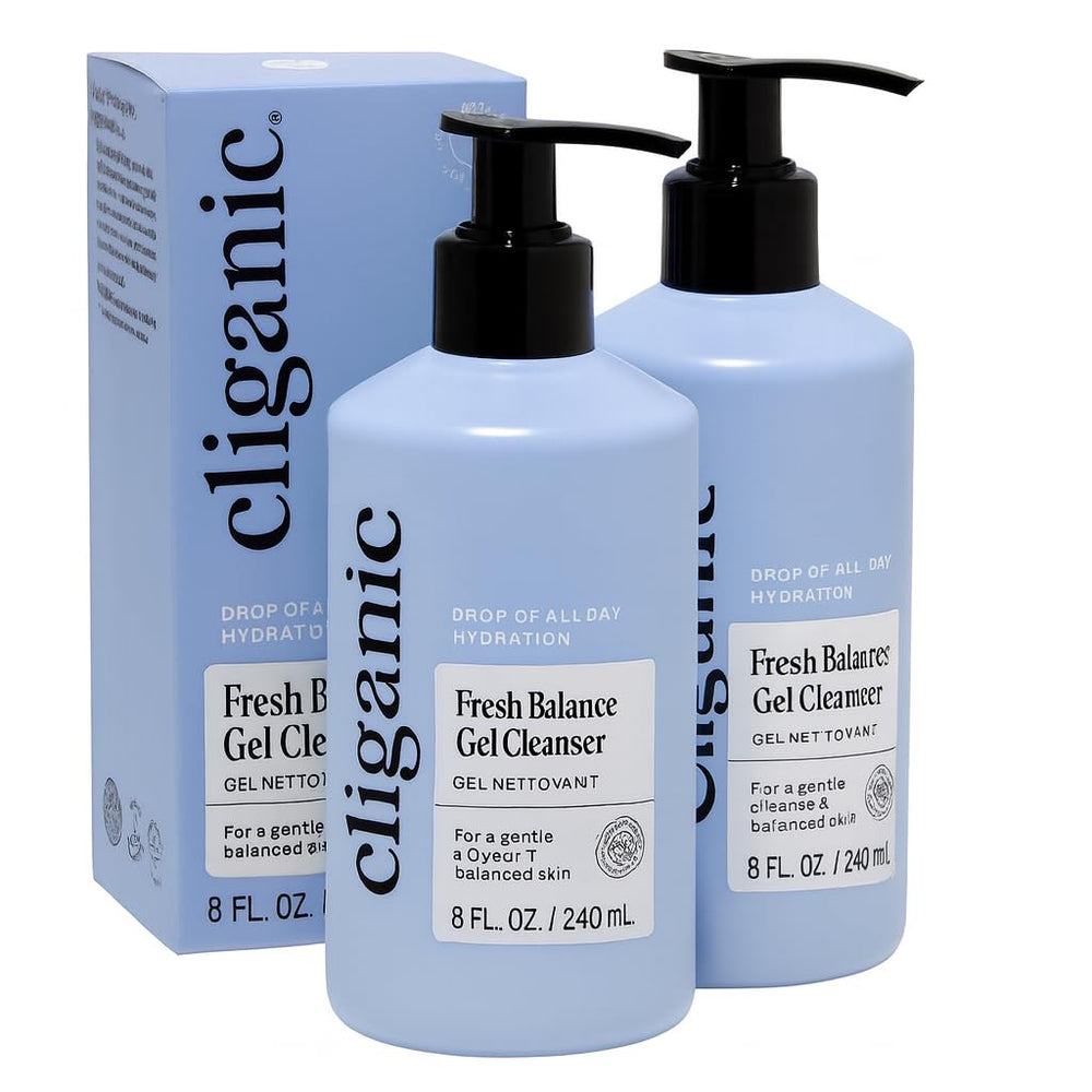 Cliganic Hydrating Gel Cleanser bottle pouring for a gentle makeup removal and refreshing cleanse.