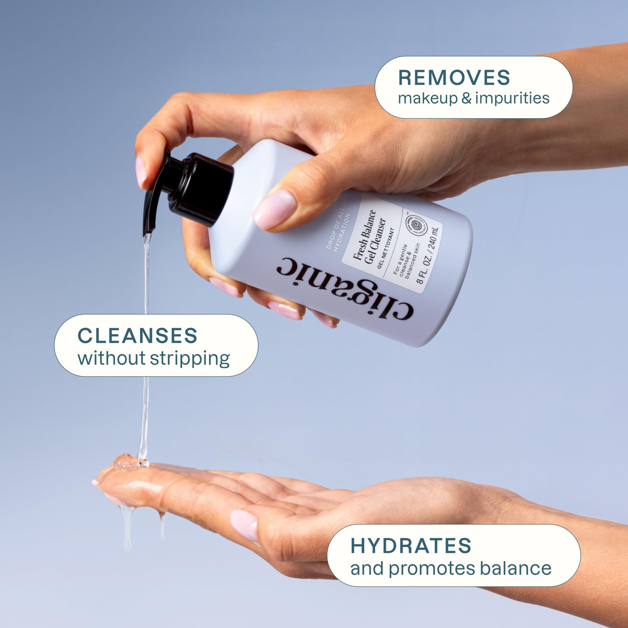 Cliganic Hydrating Gel Cleanser label closeup notes vegan and sulfate-free formula.