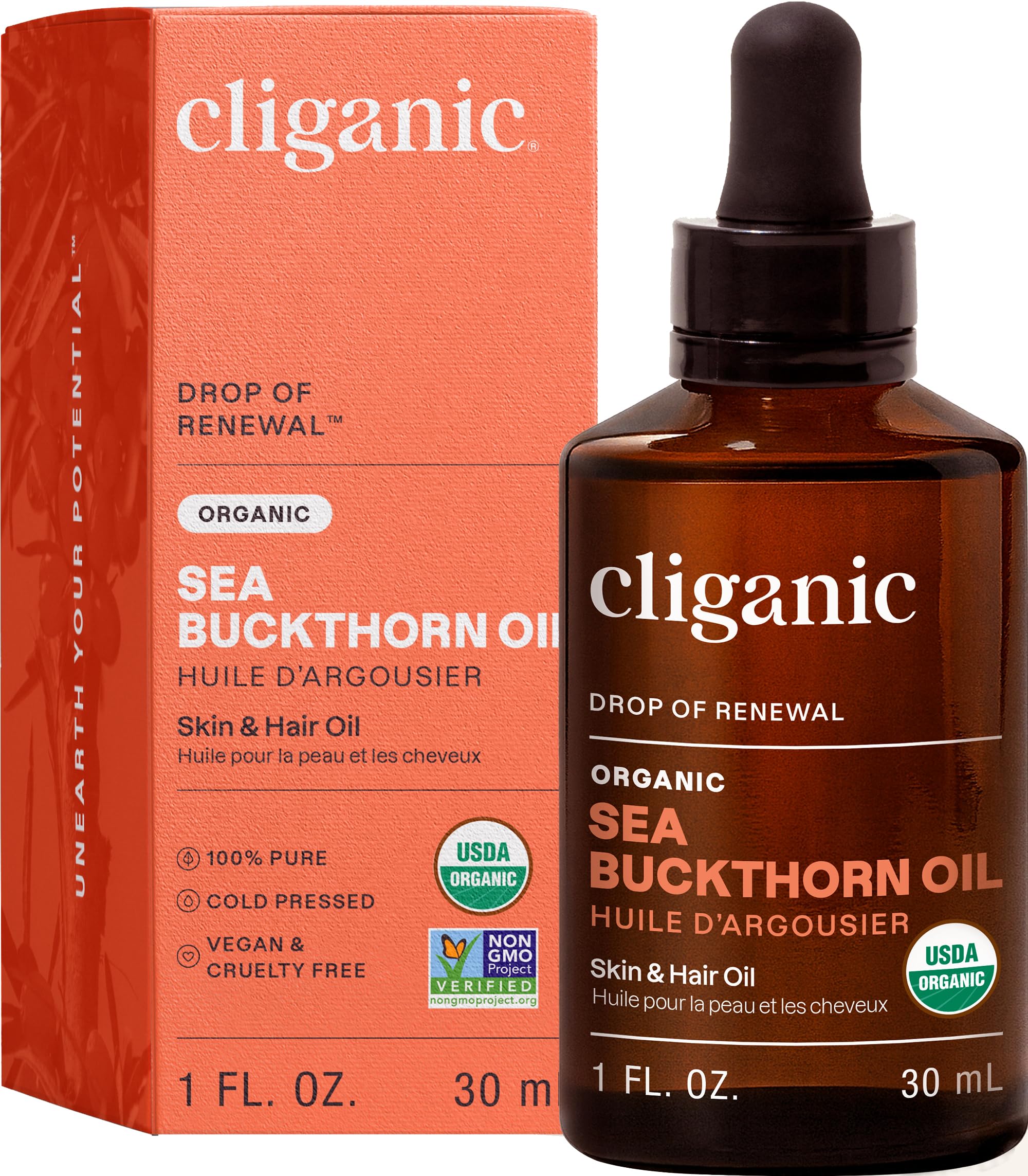 Cliganic Sea Buckthorn Oil bottle shows pure formula for skin nourishment and hydration.