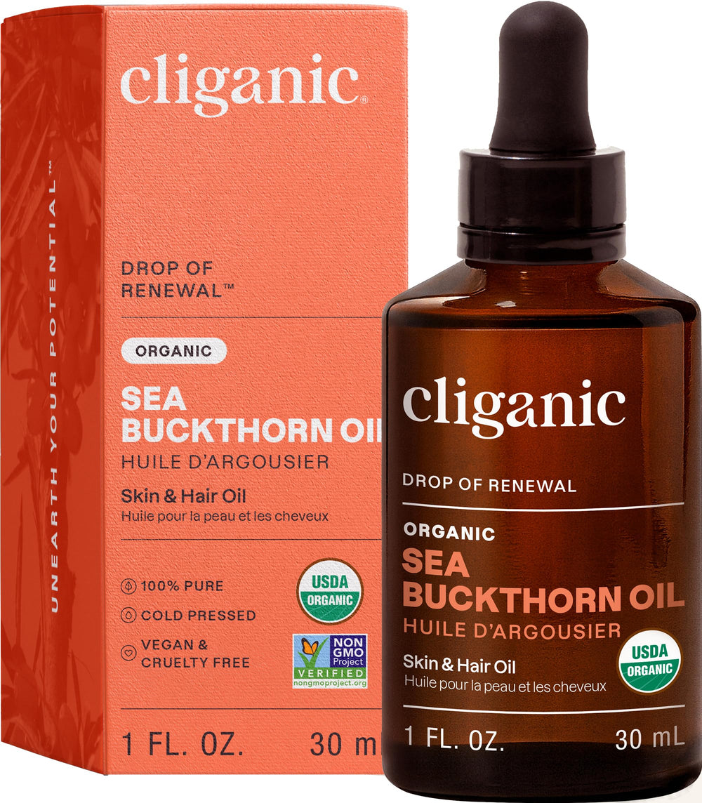 Cliganic Sea Buckthorn Oil bottle shows pure formula for skin nourishment and hydration.