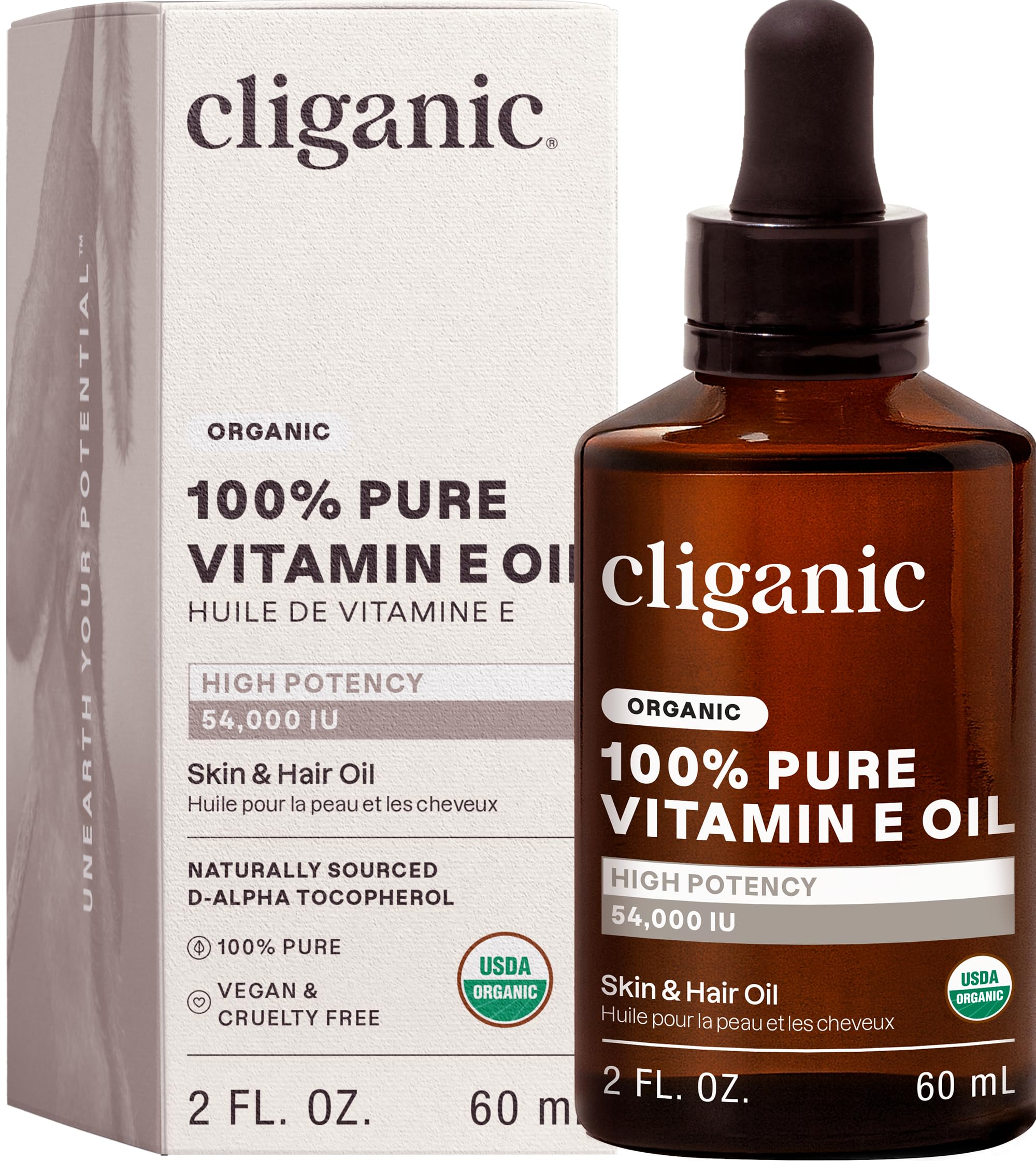 Cliganic Vitamin E Oil 2oz bottle—deep hydration for skin and nails.