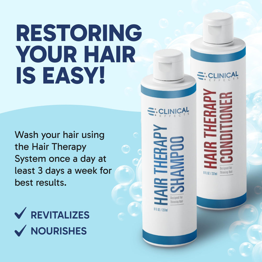 Clinical Effects Hair Therapy Shampoo label close up featuring biotin and DHT blockers
