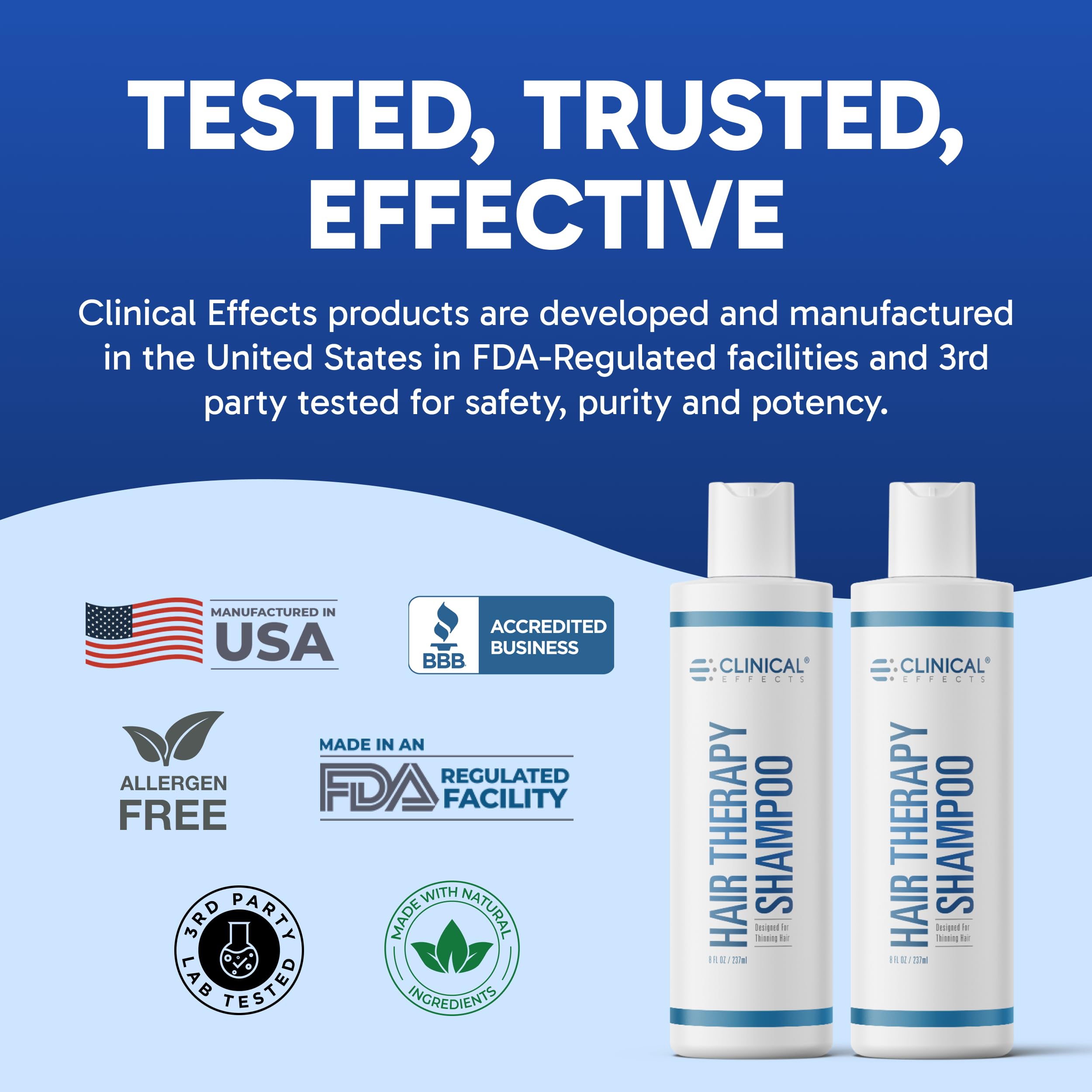 Clinical Effects Hair Therapy Shampoo made-in-usa badge indicates quality manufacturing.