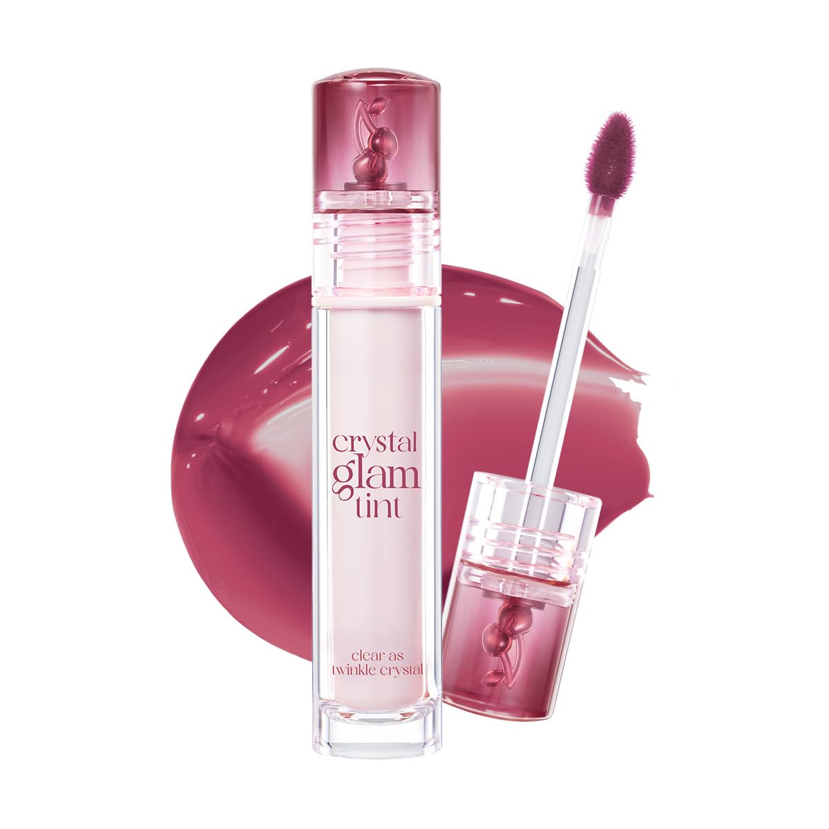CLIO Crystal Glam Tint 26 Mauve Cherry bottle close-up showing glass-like shine.