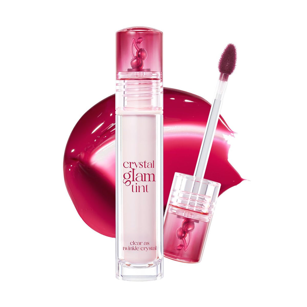 CLIO Crystal Glam Tint Cherry Series 25 Dark Cherry swatch shows vivid color and glass-like finish