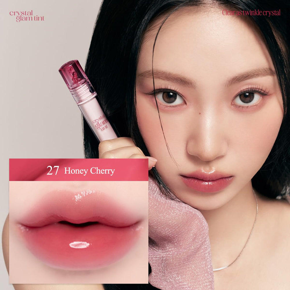CLIO Crystal Glam Tint Honey Cherry glass-like finish across lips.