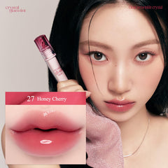 CLIO Crystal Glam Tint Honey Cherry glass-like finish across lips.