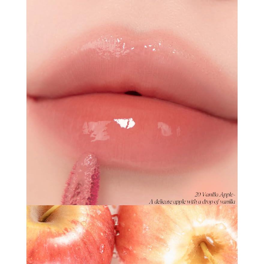 CLIO Crystal Glam Tint Vanilla Apple closeup bottle highlights silky texture.