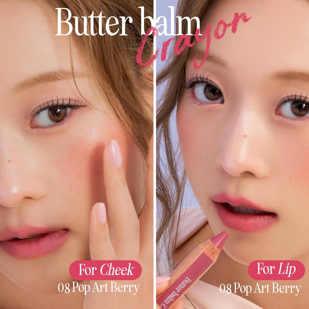 CLIO Butter Balm Crayon cheek swatch demonstrates buildable tint for cheeks.