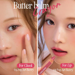 CLIO Butter Balm Crayon cheek swatch demonstrates buildable tint for cheeks.