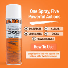 CLIPPERCIDE 15oz bottle being used to spray clipper blades