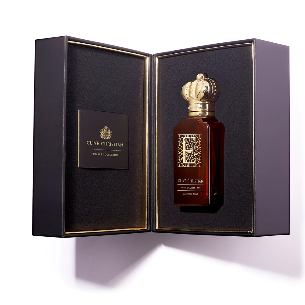 Clive Christian Private Collection E Cashmere Musk crystal cap close-up, premium presentation.