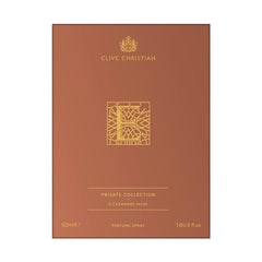 Clive Christian Private Collection E Cashmere Musk packaging close-up, elegant dressing-table display.