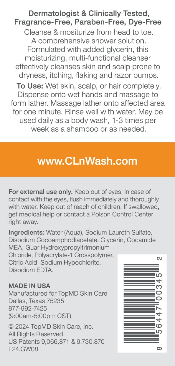 CLn 2-in-1 body and hair foaming lather for easy cleansing.