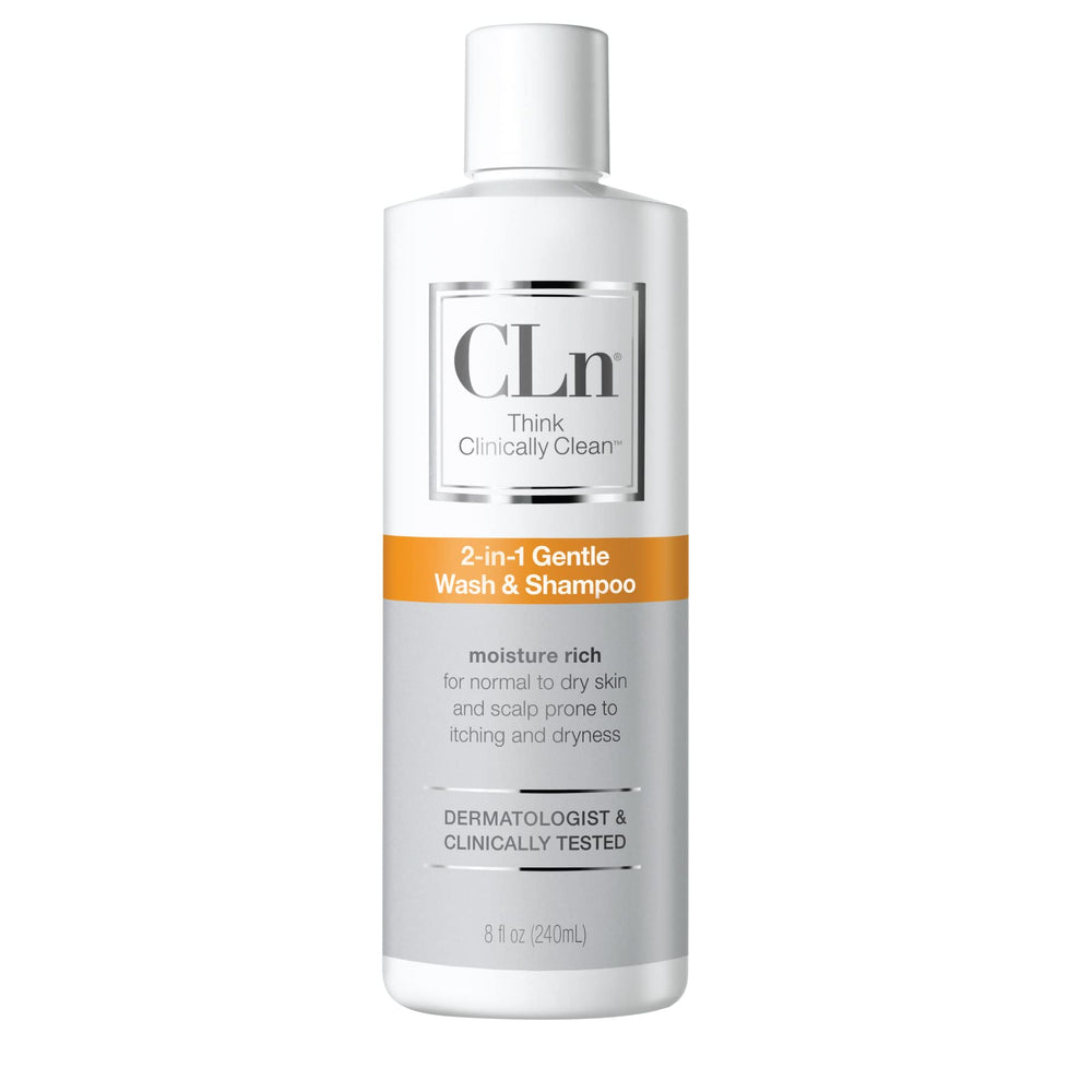 CLn 2-in-1 gentle wash bottle shows fragrance-free cleansing for sensitive skin.