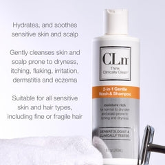 CLn 2-in-1 hypoallergenic ingredients closeup highlights paraben and dye free care.
