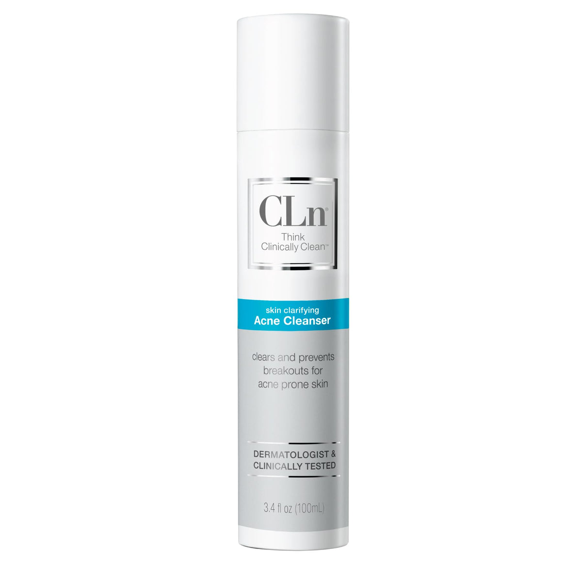 CLn Acne Cleanser bottle front showing fragrance-free, oil-free formula for clear skin.