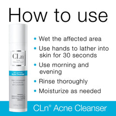 CLn Acne Cleanser gel texture closeup emphasizing dermatologist-designed, non-drying formula.