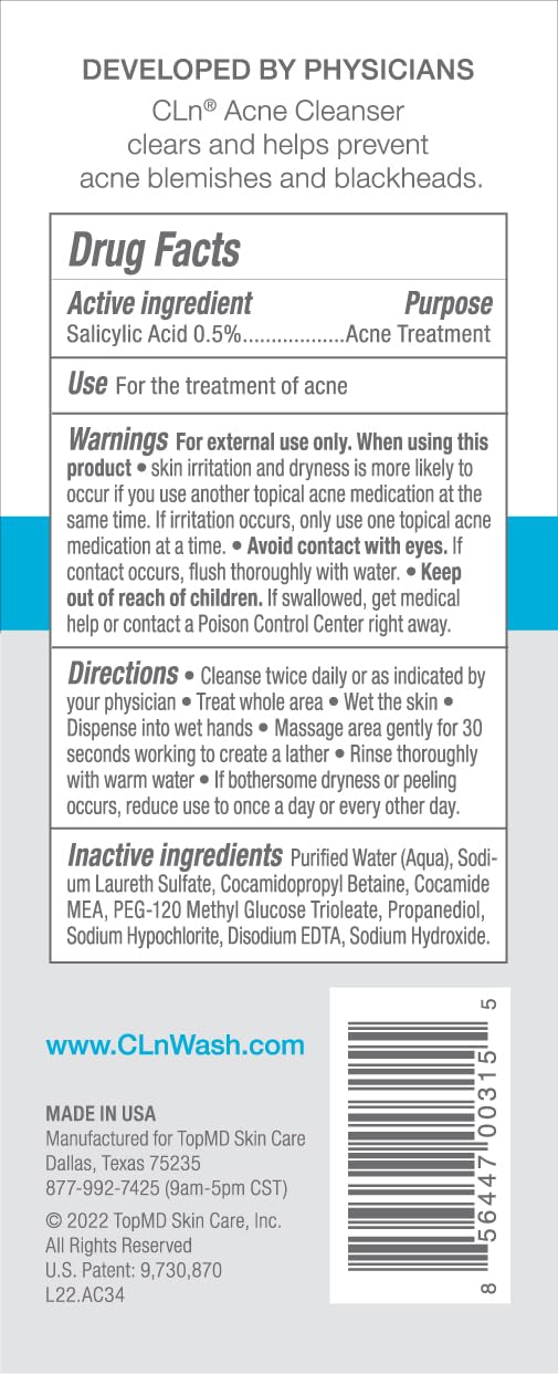 CLn Acne Cleanser label closeup highlighting 0.5% salicylic acid for acne care.