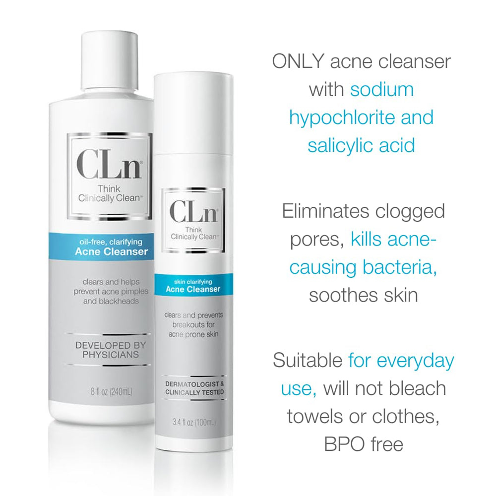 CLn Acne Cleanser pump dispenser image highlighting travel-friendly 3.4 oz size.