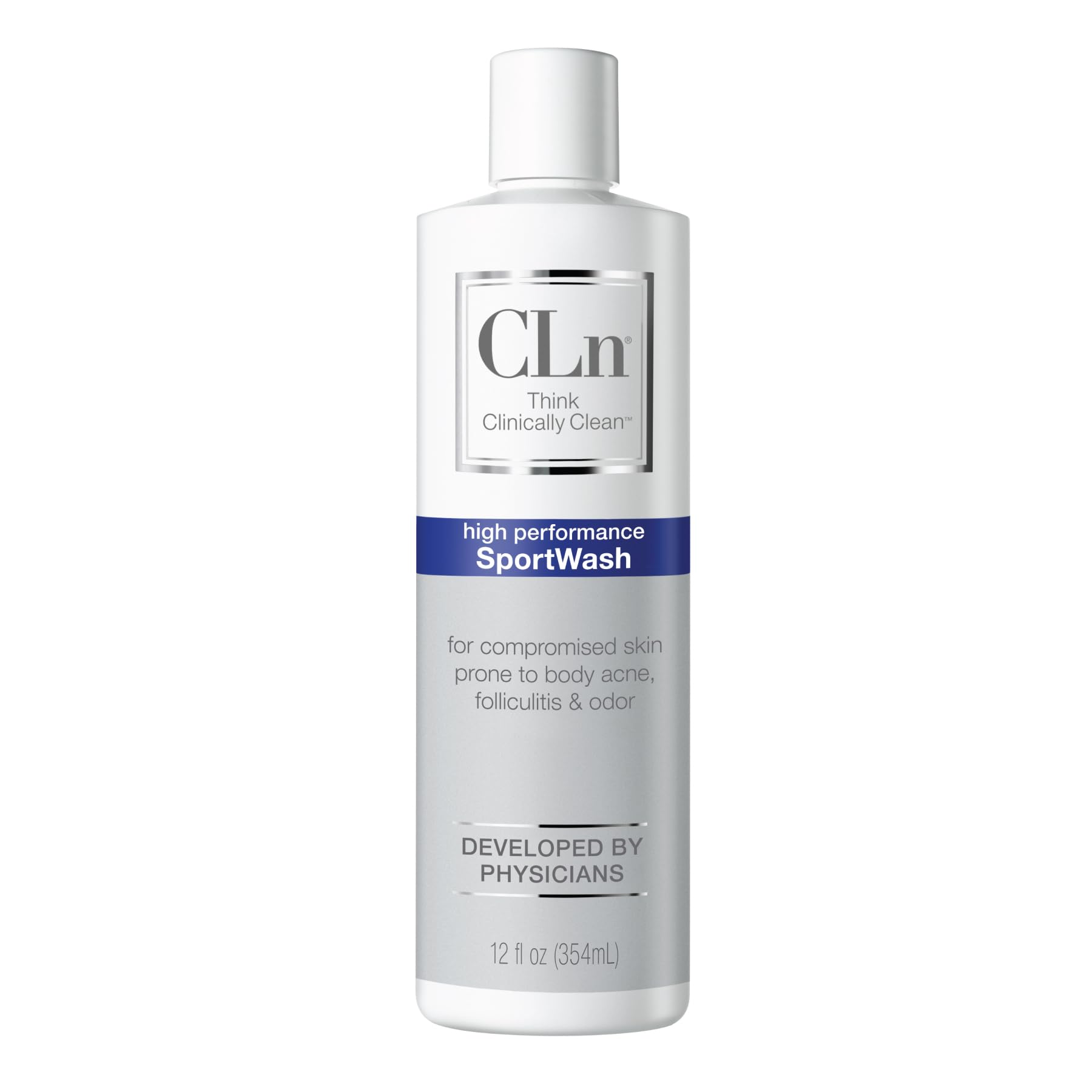 CLn SportWash bottle front view showing fragrance-free formula for odor-prone skin